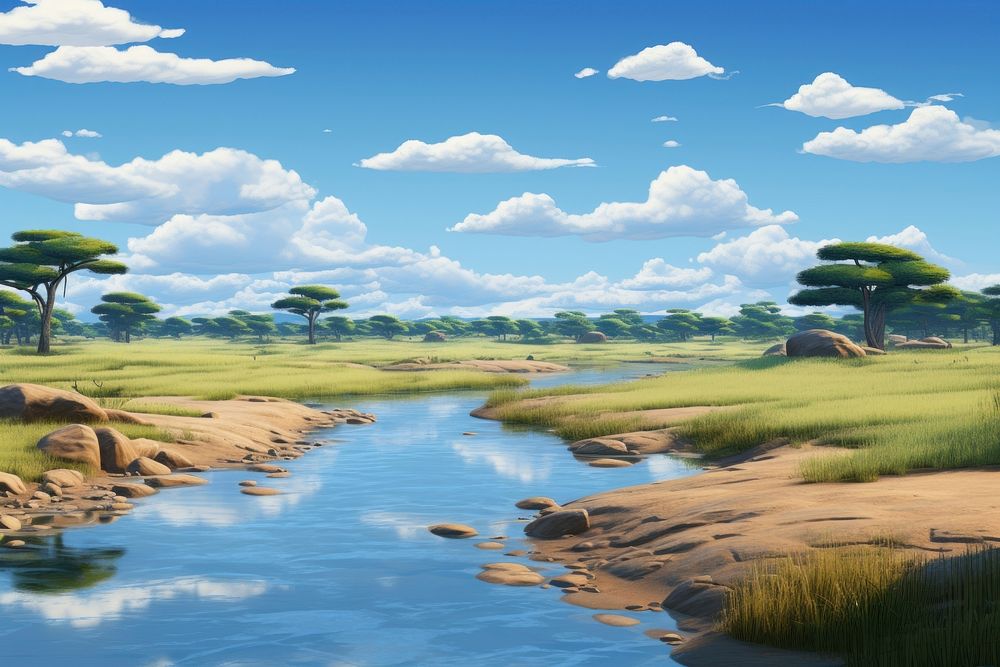 Landscape grassland outdoors cartoon. AI generated Image by rawpixel.