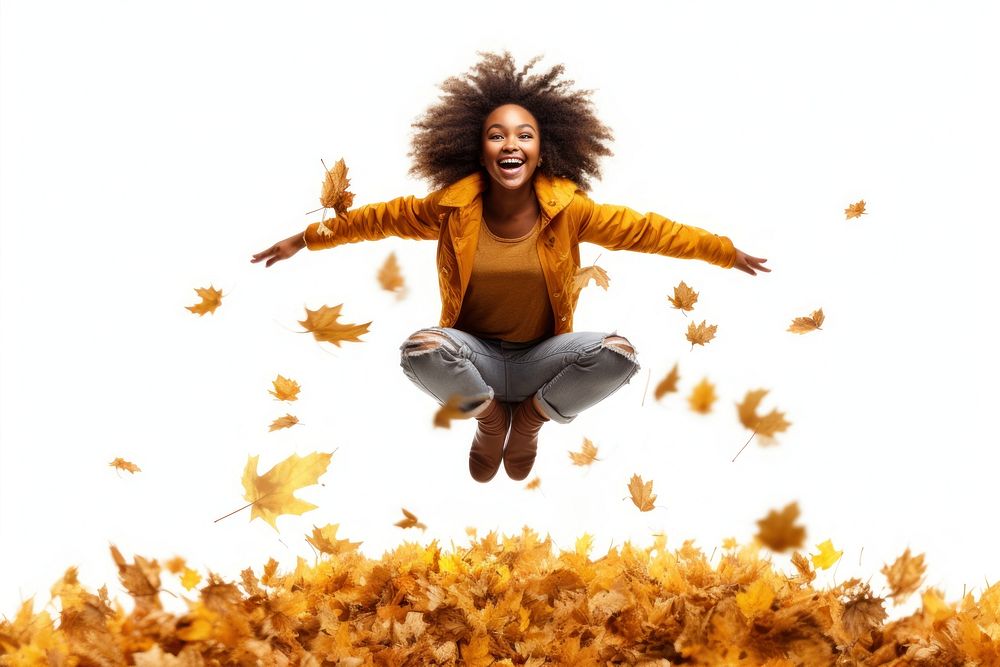 Jumping autumn leaves adult. AI generated Image by rawpixel.