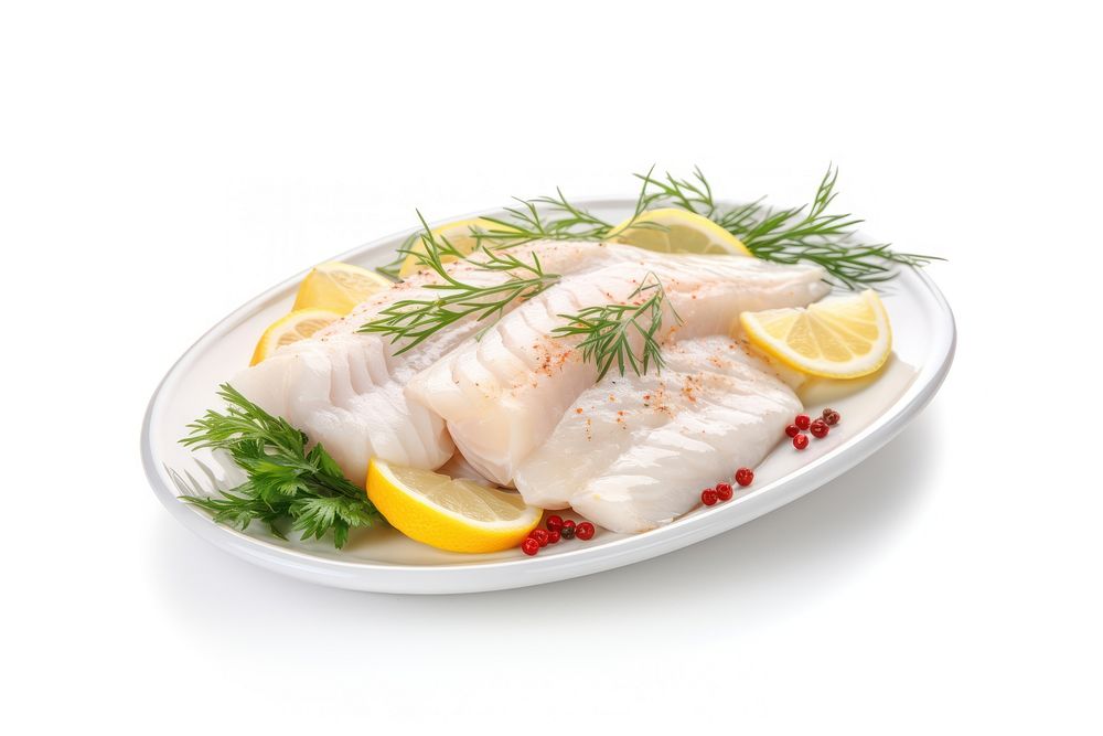 Raw cod fillets plate seafood lemon. AI generated Image by rawpixel.