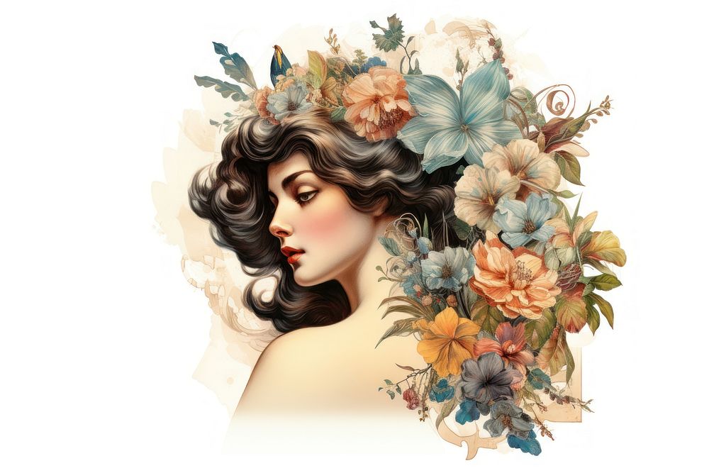 Vintage illustration png portrait flower adult. AI generated Image by rawpixel.