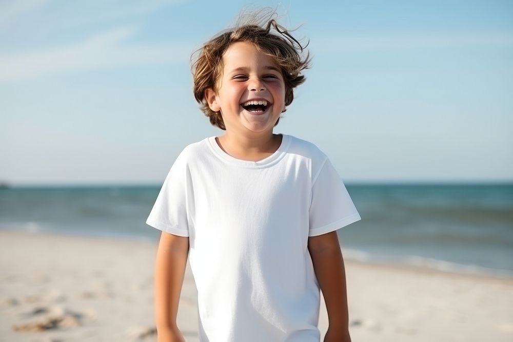Laughing t-shirt beach child. AI generated Image by rawpixel.