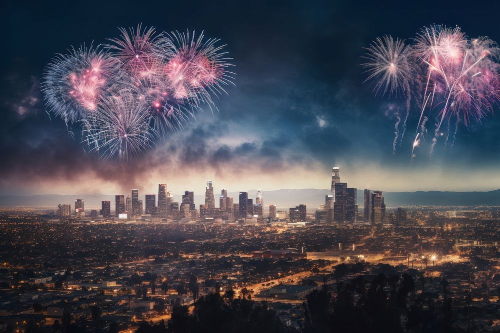 Landscape fireworks city architecture. AI generated Image by rawpixel.