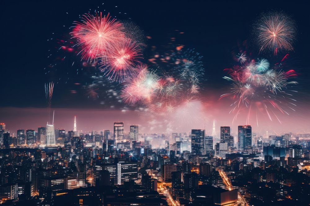 Fireworks night city architecture. AI generated Image by rawpixel.