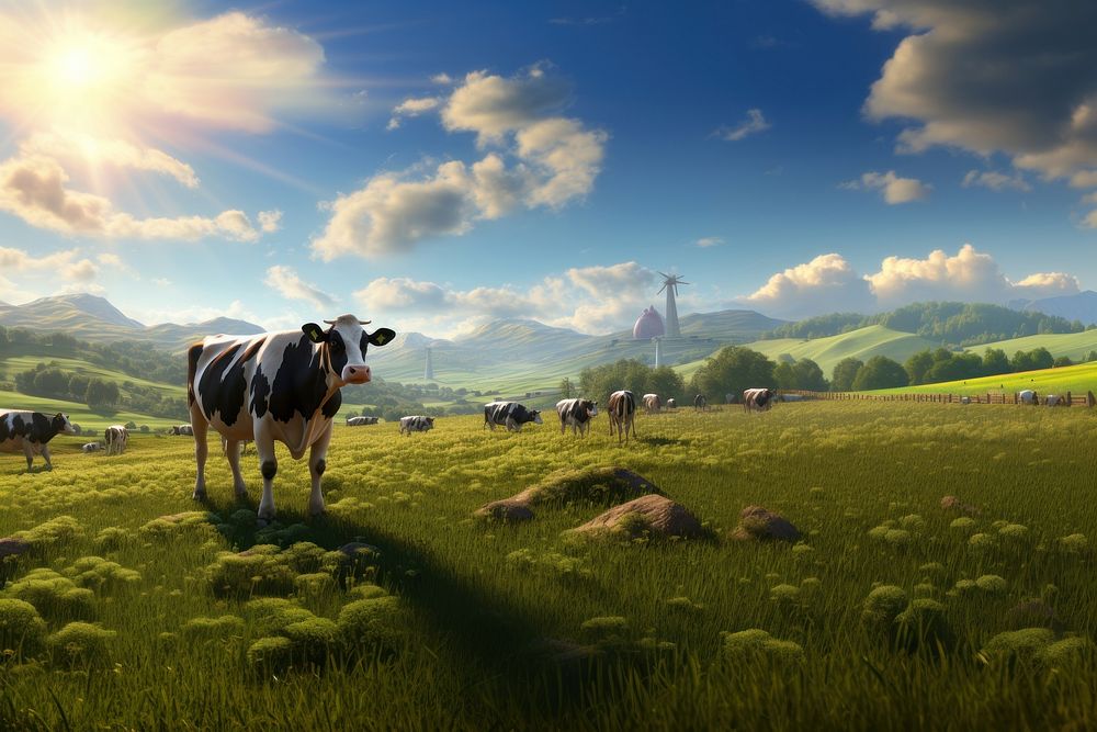 Cow agriculture landscape grassland. AI generated Image by rawpixel.
