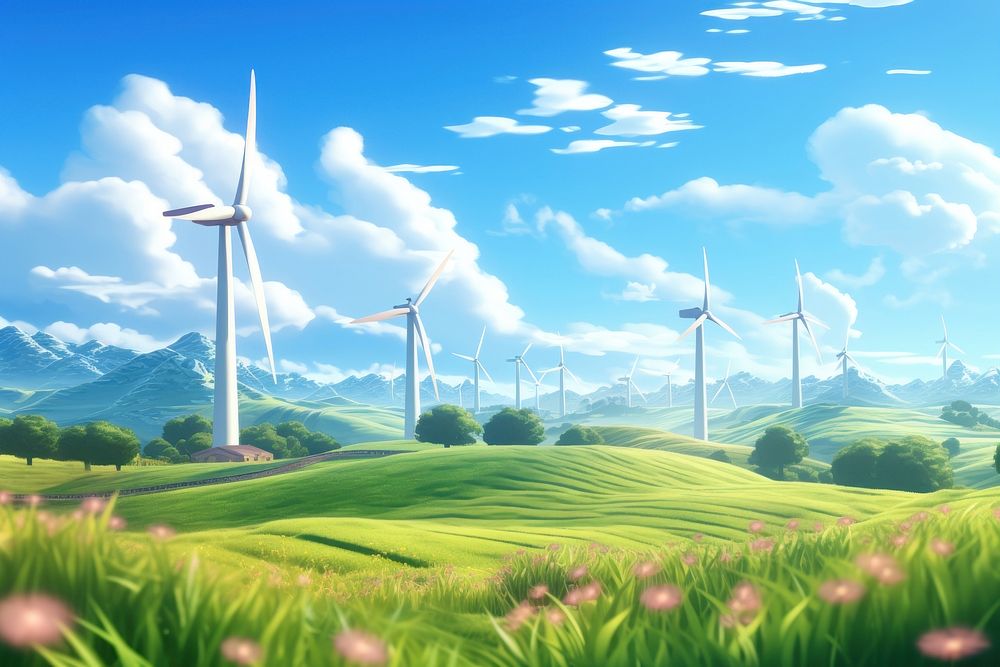 Landscape turbine grassland outdoors. AI generated Image by rawpixel.