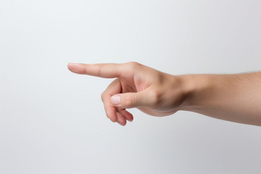 Touching finger hand white background gesturing pointing. 