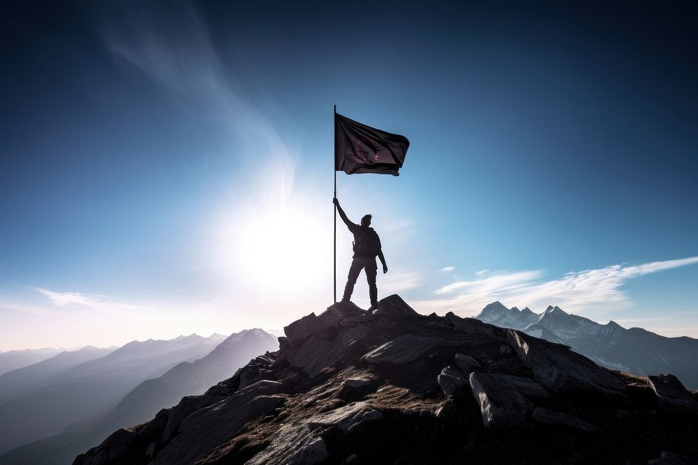 Mountain flag silhouette adventure. 