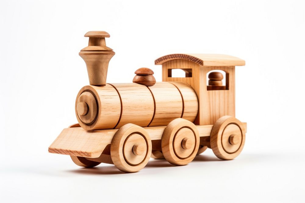 Wooden train toy white background transportation locomotive.