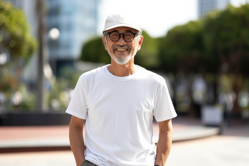 Standing outdoors glasses t-shirt. 