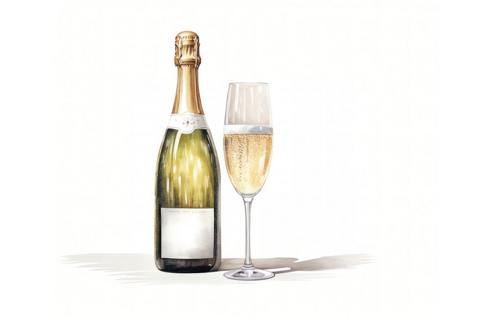 Bottle glass champagne drink, digital paint illustration. AI generated image