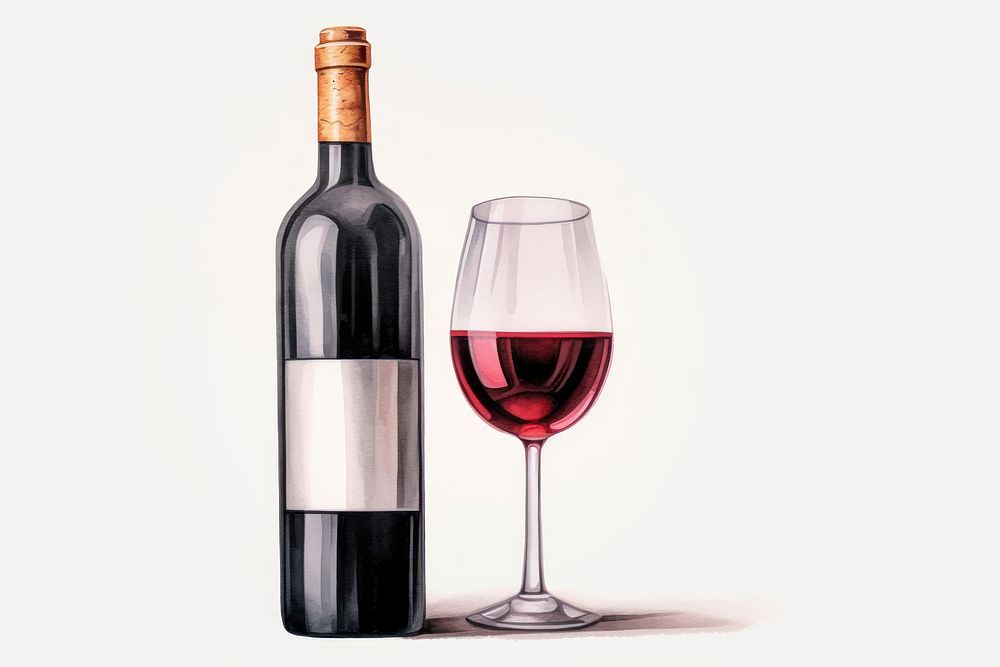 Bottle glass wine drink, digital paint illustration. AI generated image