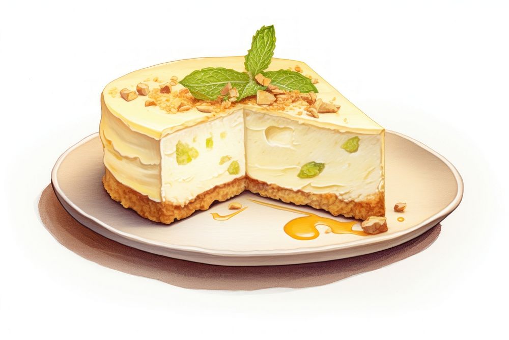 Cheesecake food dessert plate, digital paint illustration. AI generated image