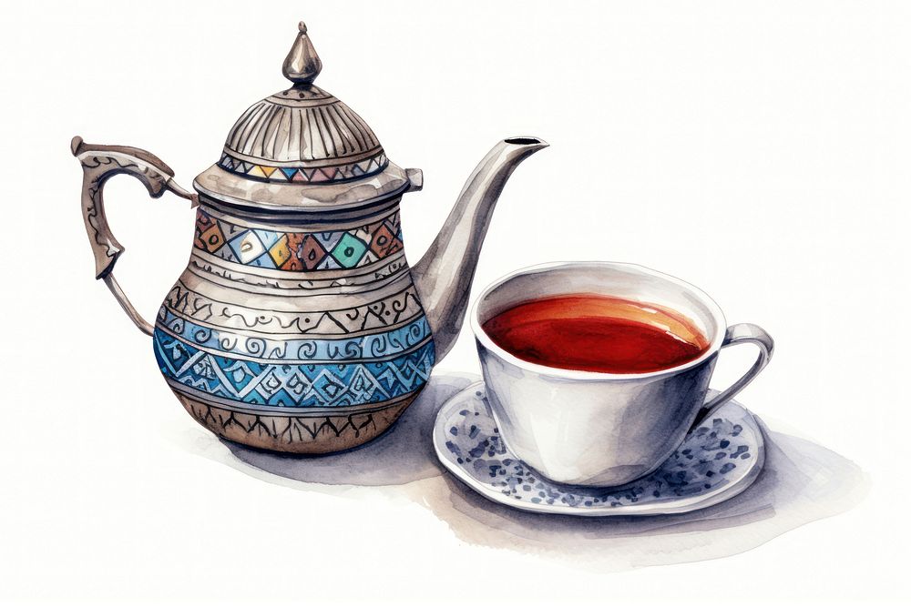 Cup teapot coffee drink, digital paint illustration. AI generated image