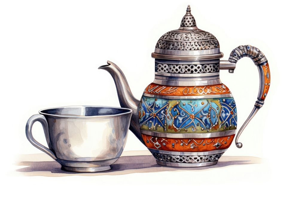 Cup porcelain teapot metal, digital paint illustration. AI generated image