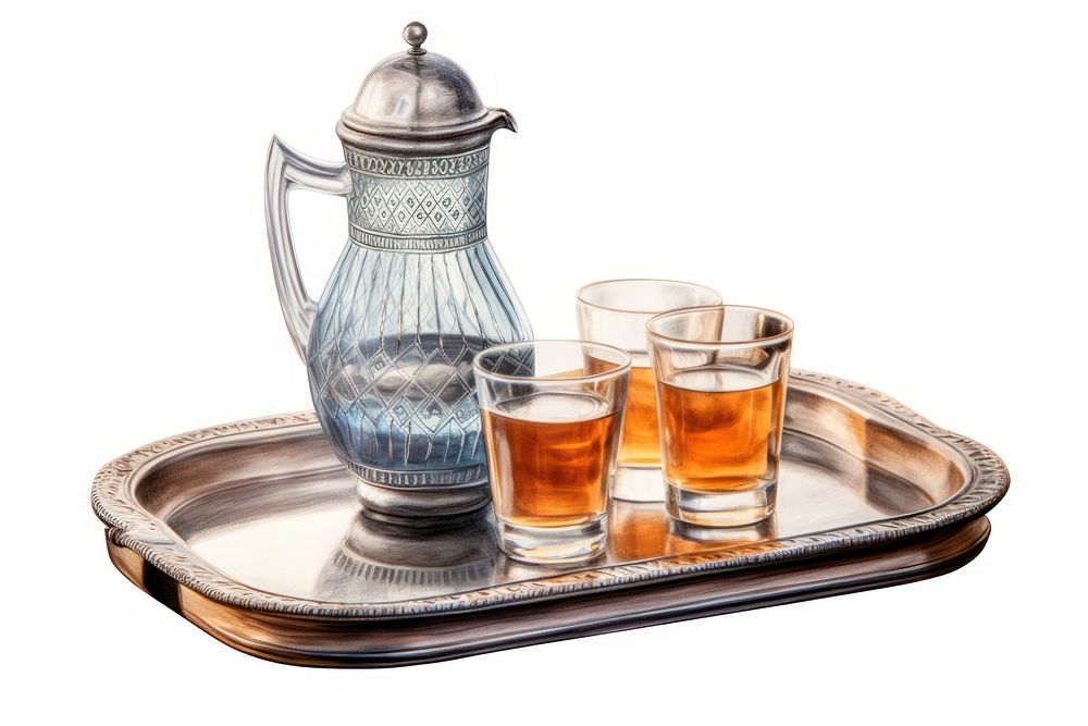 Glass tray drink jug, digital paint illustration.