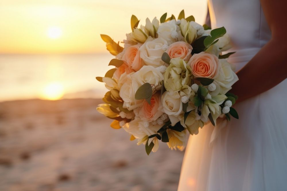 Bride wedding flower sunset. 