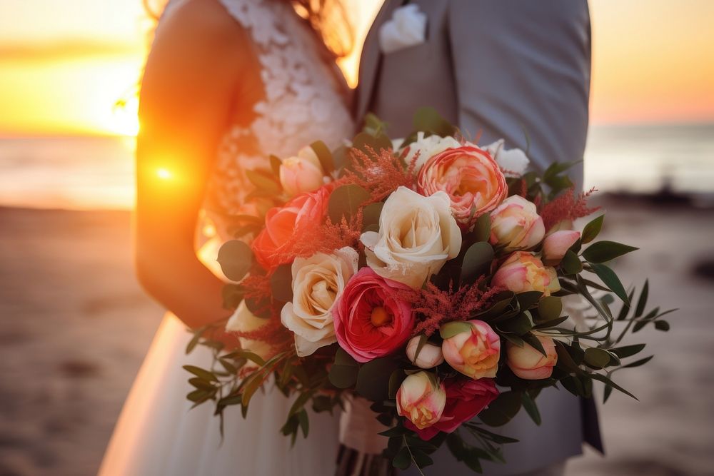Bride wedding flower sunset. AI generated Image by rawpixel.