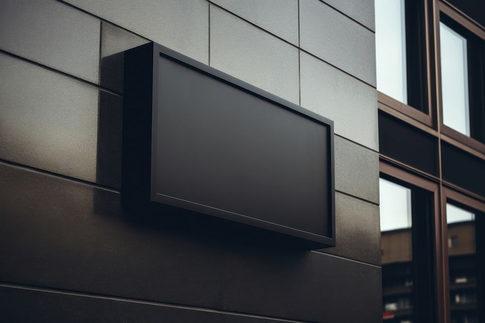 Sign outdoors black wall. 