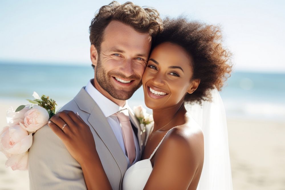 Wedding beach bride laughing. AI generated Image by rawpixel.