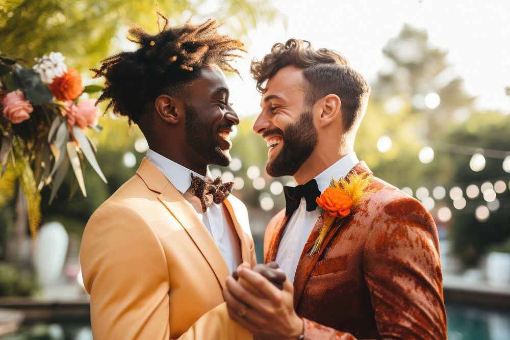 Newlywed laughing outdoors wedding. 