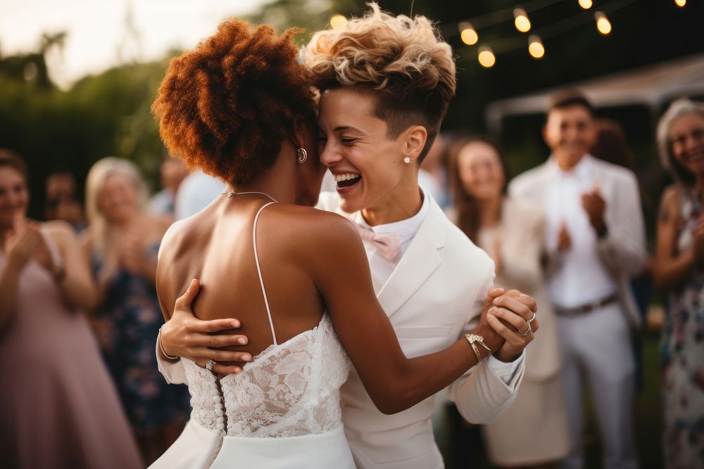 Newlywed laughing outdoors dancing. AI generated Image by rawpixel.