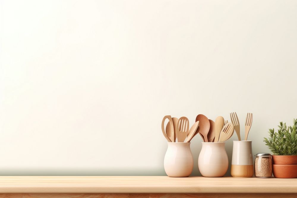 Kitchen wood kitchen utensil arrangement. 