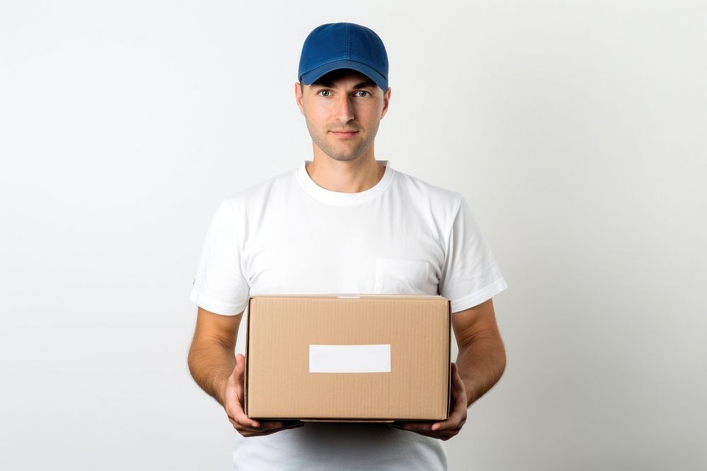 Box cardboard portrait holding. 