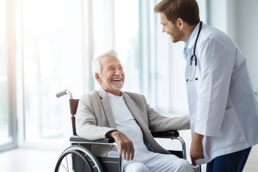 Wheelchair hospital smiling doctor. AI generated Image by rawpixel.