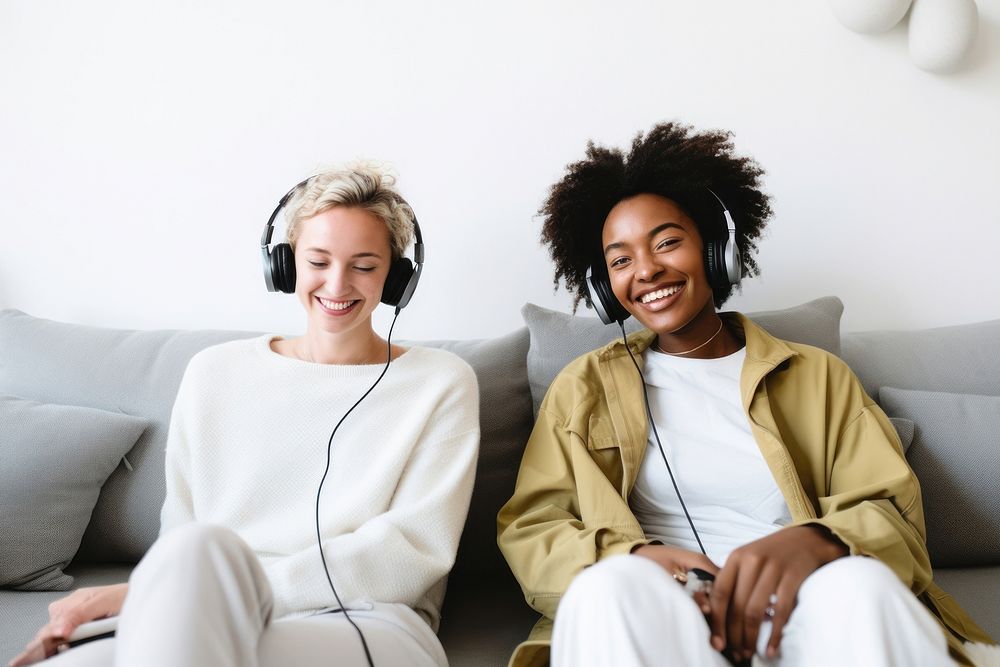 Headphones smiling sitting headset. 