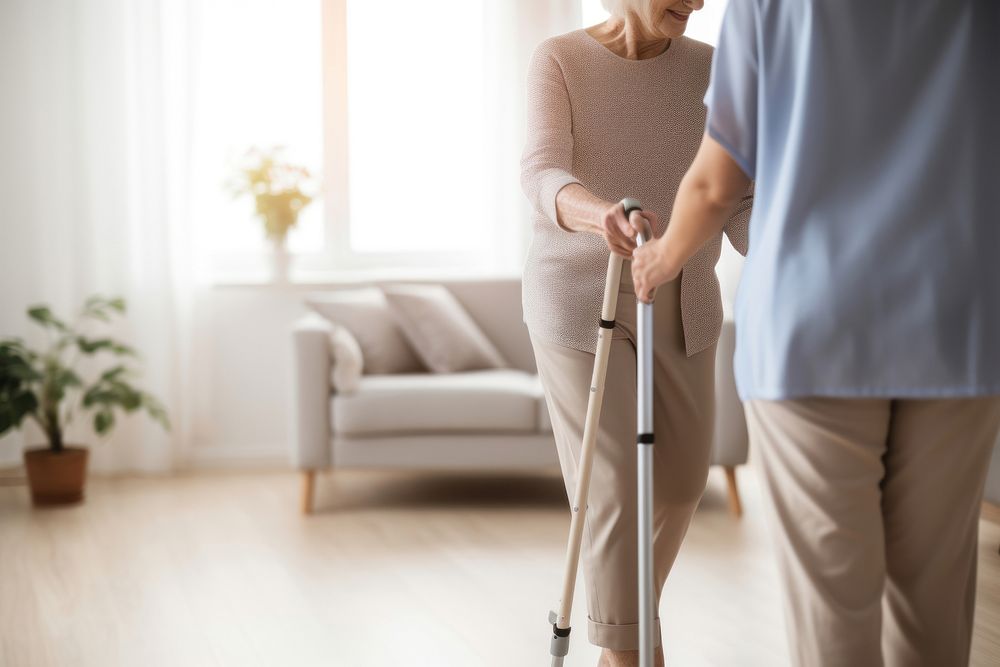 Senior woman using walking cane. 