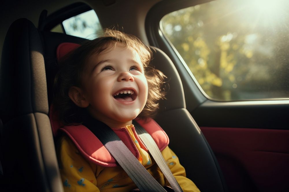 Laughing portrait vehicle photo. 