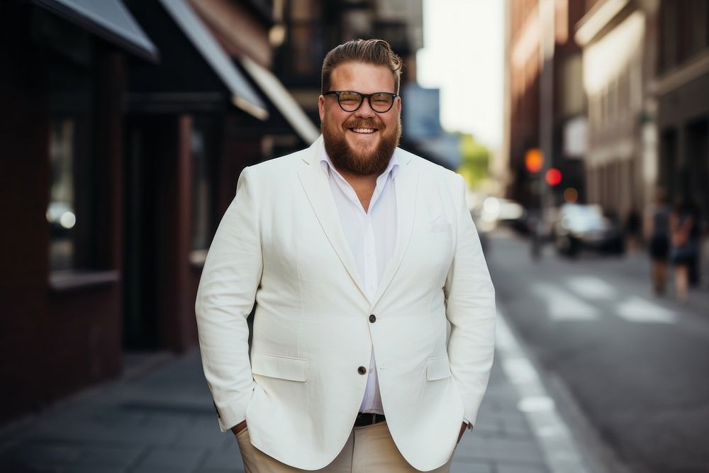 Blazer outdoors glasses smiling. 