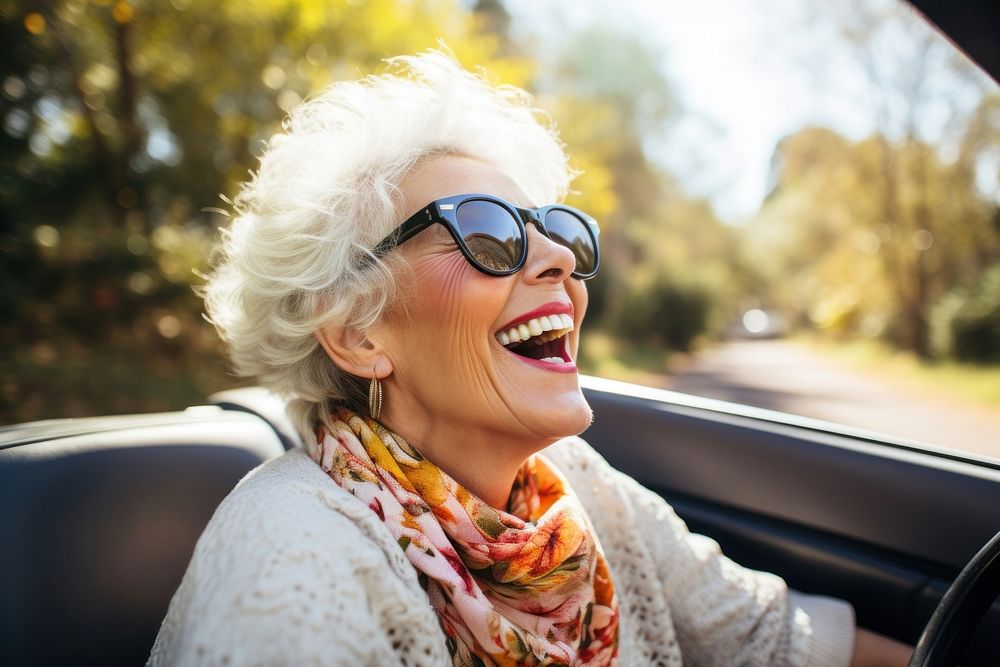Laughing outdoors glasses driving. AI generated Image by rawpixel.
