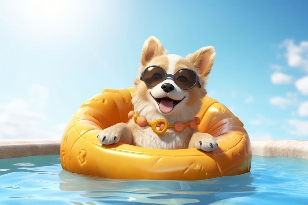 Dog swimming holiday cartoon. AI generated Image by rawpixel.