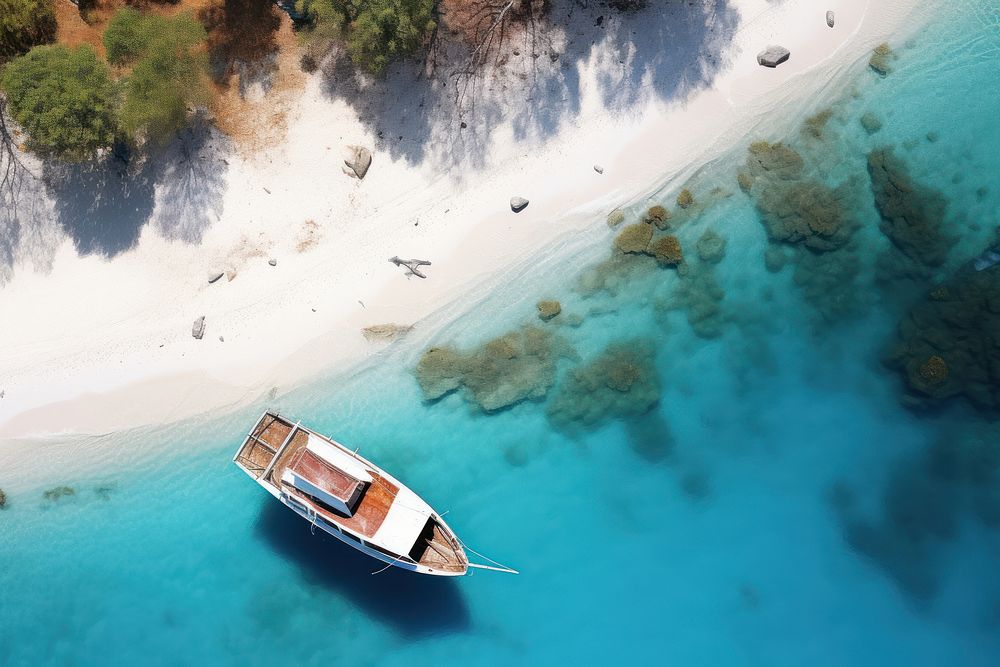 Paradise white sand beach boat outdoors vehicle. AI generated Image by rawpixel.