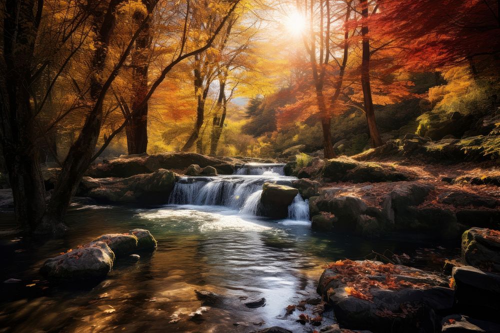 Waterfall autumn outdoors nature. AI generated Image by rawpixel.