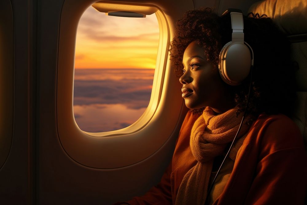 Window headphones airplane portrait. 