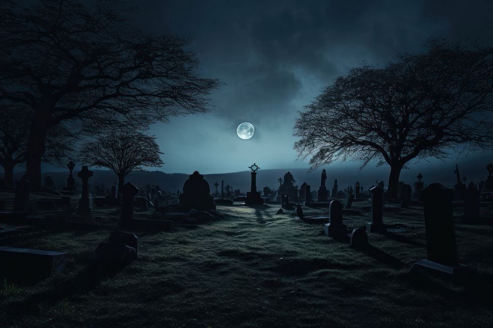 Cemetery night moon astronomy. AI generated Image by rawpixel.