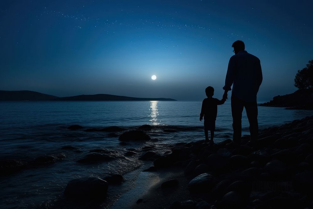 Night moon sea silhouette. 