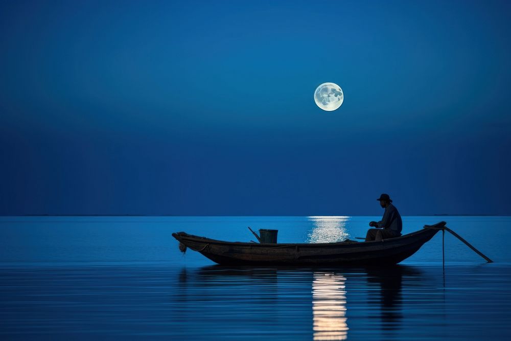 Moon boat sea astronomy. AI generated Image by rawpixel.