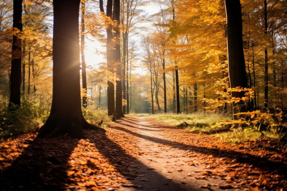 Sunlight outdoors autumn forest. 