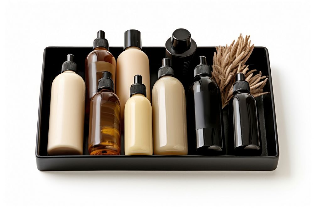 Cosmetics bottle tray white background. AI generated Image by rawpixel.