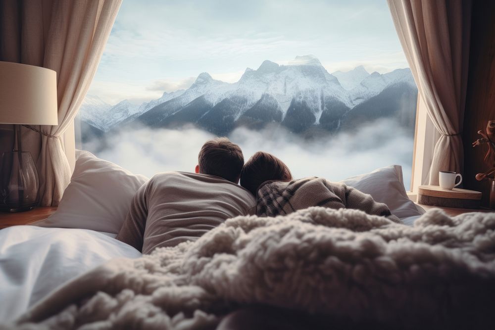 Bed furniture mountain blanket. AI generated Image by rawpixel.