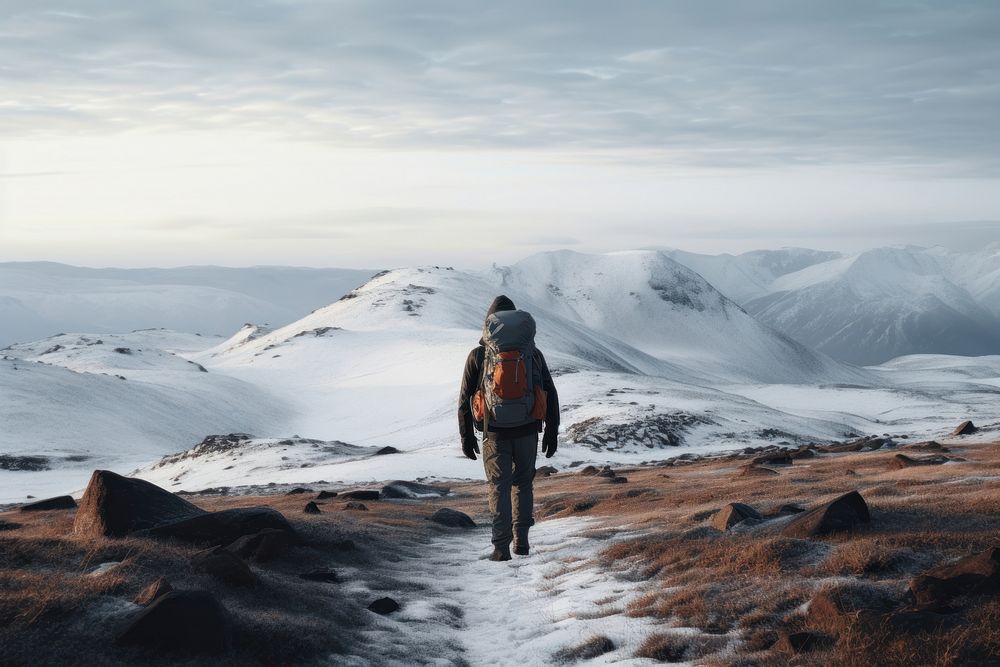 Backpack mountain standing winter. AI generated Image by rawpixel.