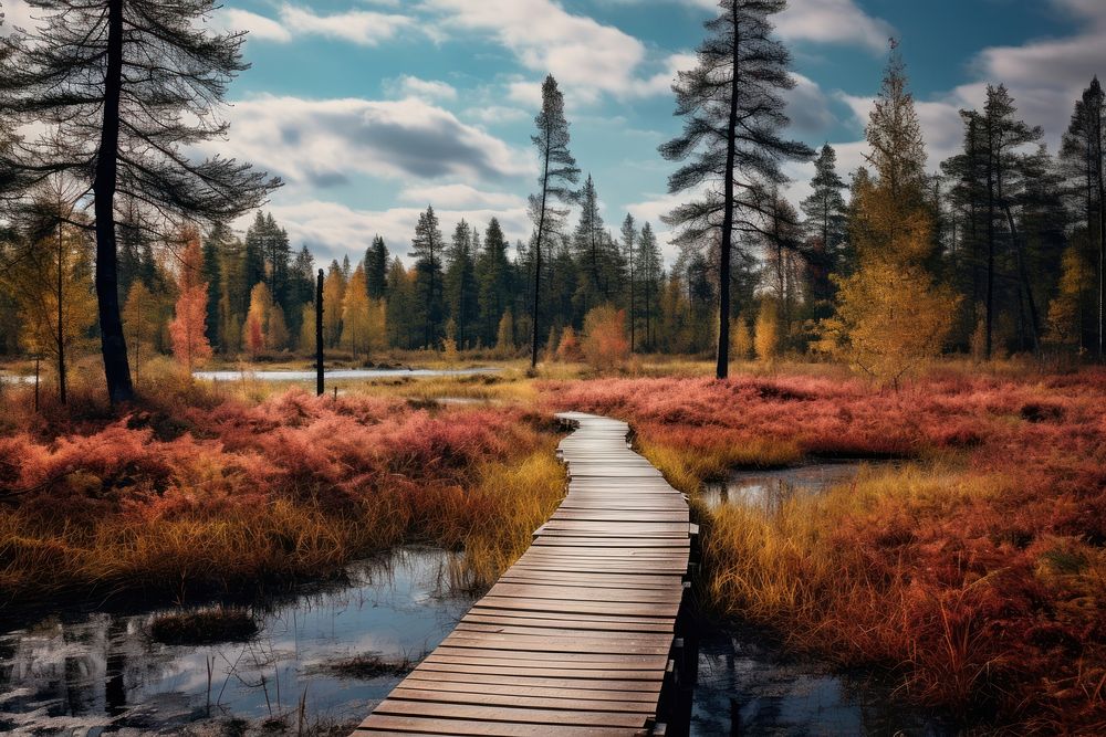 Boardwalk autumn landscape outdoors. AI generated Image by rawpixel.