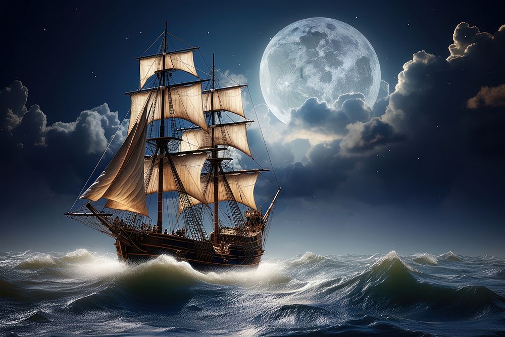 Night moon ship sea. AI generated Image by rawpixel.