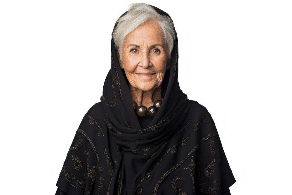 Senior woman wearing a poncho portrait photo white background. AI generated Image by rawpixel.