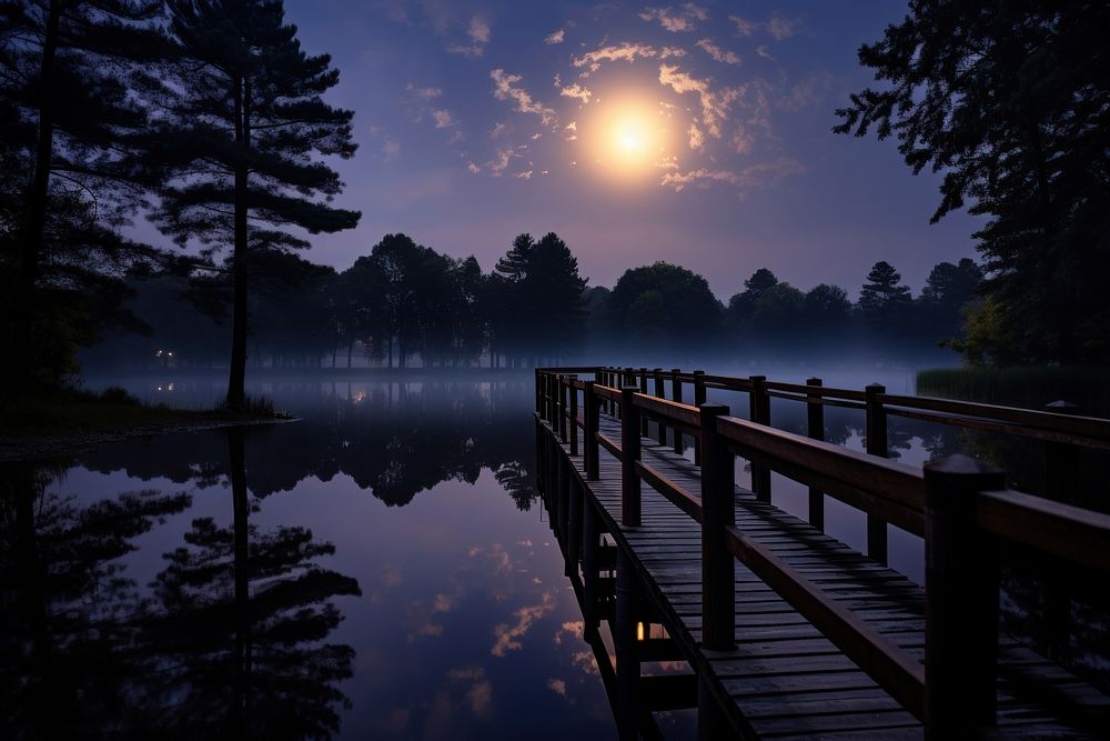 Night moon lake landscape. 