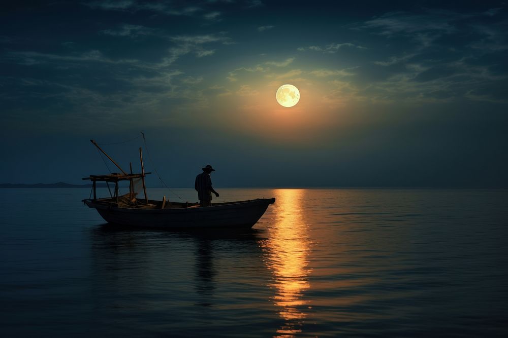 Moon boat sea fisherman. AI generated Image by rawpixel.