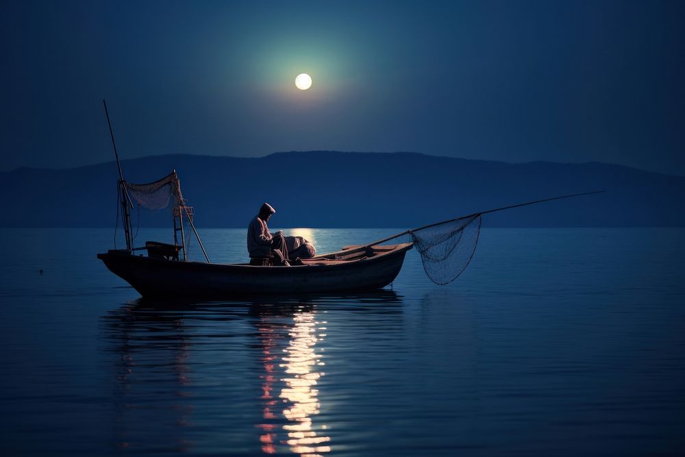 Fishing night moon boat. AI generated Image by rawpixel.